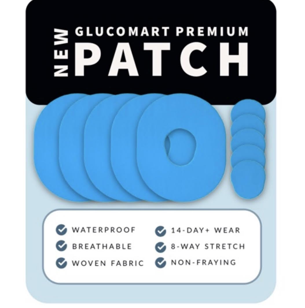 Glucomart Premium Adhesive Patches for Dexcom G7 & Stelo CGMs 5-Pack Hypoallergenic & Waterproof CGM Overpatches (Blue)