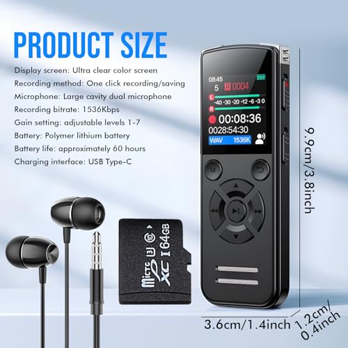 64GB Diktiergerät Digital, 1536 Kbps Digital Voice Recorder, Diktiergerät Aufnahmegerä mit Playback, USB-C Audioaufnahmegerät mit Rauschunterdrückung für Studie Arbeit Meetings Interviews