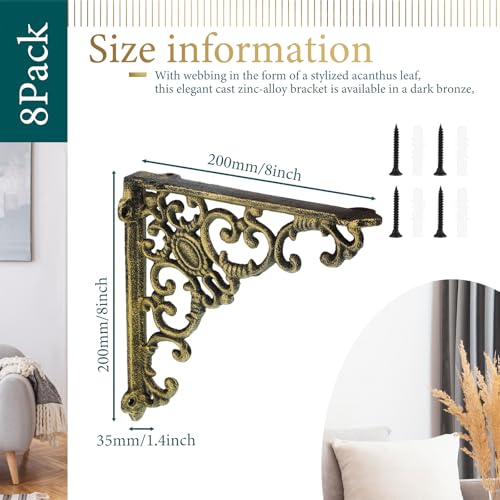 Lounsweer IF-LOUNSWEER-1016 8 Pack Heavy Duty Antique Brass Shelf Brackets 8 Inch Wall Mounted Shelf Brackets Decorative Metal Wall Floating Rack Shelving Brackets thumb #1