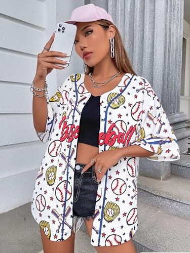 Image of Baseball Shirt Women Baseball Jersey Graphic Button Down Shirt Game Day Short Sleeve Tops