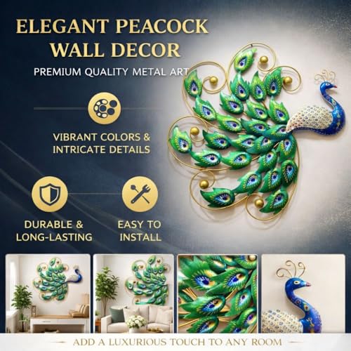 Image of SHREE 'O' GREEN TECH Metal Modern Handcrafted Peacock Leaf Wall Art | Multicolor Big Wall Hanging Decor Frame for Living Room Bedroom Office (Size 30x30 Inch)