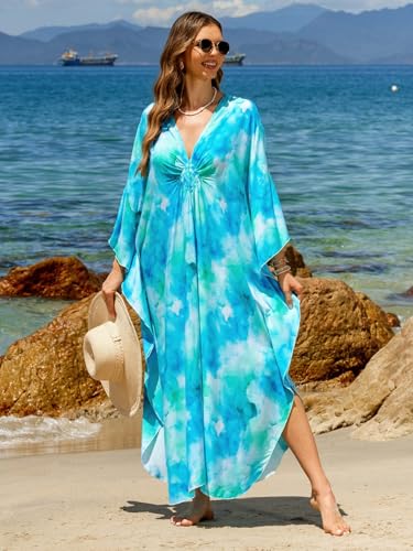 Image of IMAGEKOPE Women's Plus Size Animal Print V-Neck Batwing Kaftan Beach Dress Bathing Suit Cover-Up Loungewear