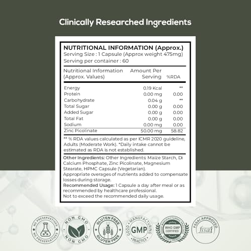 Image of Zinc Picolinate 50 mg - High Absorption Chelated Zinc Supplement for Men & Women - Immune Support, Skin & Hair Health - Supports overall wellness, Muscle Strength & Metabolism - 60 Capsules