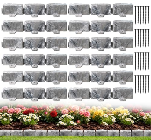 Landscape Edging Garden Edging Border Faux Stone Edging 17FT x 2.75 in Tall Decorative Stone-Look Garden Border for Flower Bed Edging Yard Edging Lawn Trees and Gardens with Anchoring Spikes Gray