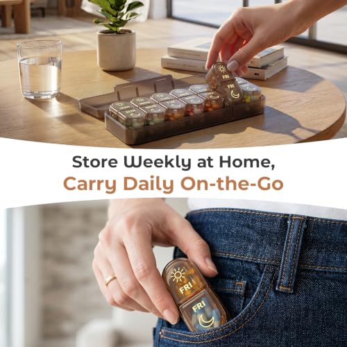 Image of Weekly AM PM Detachable Pill Organizer 2 Times a Day, Wear Resistant Large Print Medicine Pill Organizer for Arthritis, Seniors & Caregiver, Purse Travel Use - Brown