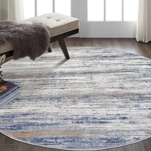 KOZYFLY Round Area Rugs 6Ft Modern Abstract Ombre Circle Rug for Bedroom, Washable Rug Non-Slip Soft Striped Living Room Area Rug, Print Distressed Grey-Blue Carpet for Laundry Nursery