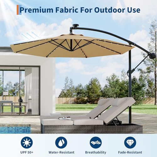 Garvee 10ft Solar Lights Offset Patio Umbrella, Cantilever Umbrella with Easy Lift & Tilt Adjustment, 8 Ribs Sun umbrella UV Protection for Backyard, Pool, Garden - Tan