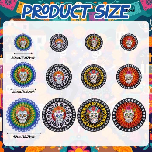 Image of Affrolling 24 Pcs / 12 Set Day of the Dead Party Decorations-Sugar Skull Hanging Paper Fans, Fiesta Party Flowers Fans for Dia De Los Muertos Mexican Carnivals Festivals Holiday