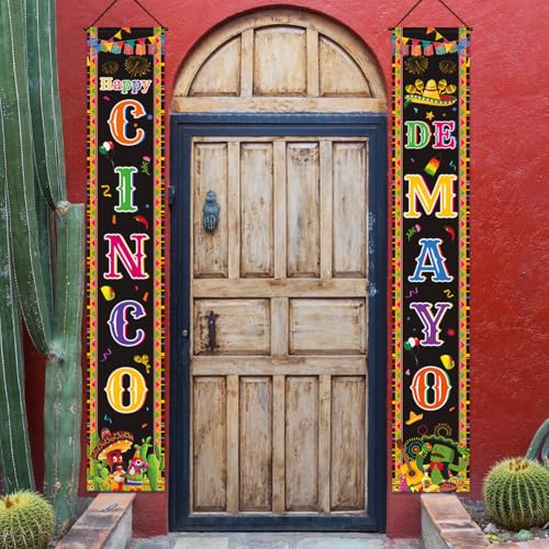 Cinco de Mayo Door Banner, Fabric Mexican Hanging Decorations, Porch Sign Photo Booth Backdrop Background for Party Supplies