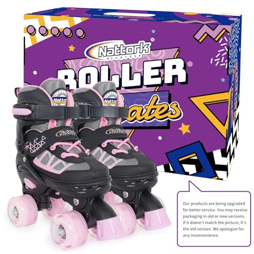 Image of Nattork Children's Roller Skates for Girls, Pink Adjustable Roller Skates for Larger Children Aged 7, 8, 9 and 10 Years for Beginners in Outdoor Sports, Best Birthday Gift for Children