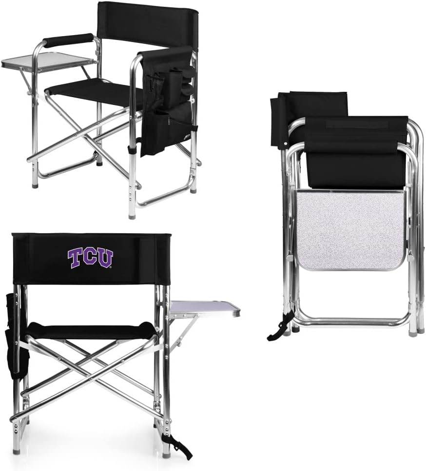 PICNIC TIME NCAA TCU Horned Frogs Sports Chair with Side Table - Beach Chair - Camp Chair for Adults