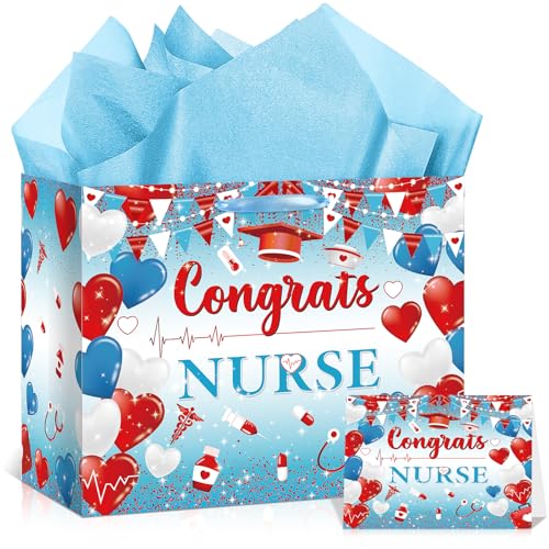 Yomaiha Nurse Graduation Gift Bag with Tissue Paper and Card Congrats Nurse Wrapping Paper Bag Graduation Gifts for Nursing Students School Grads School Graduates Party Supplies 11.8x9.4x5.3 inches