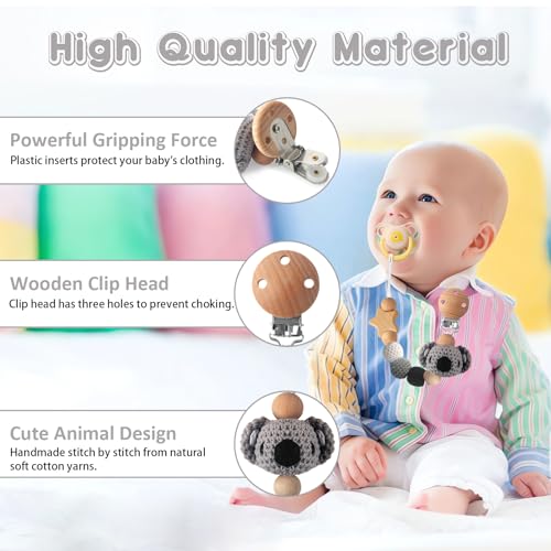 Image of Pacifier Clip, 1 Pack Pacifier Holder Clip for Boys and Girls, Cute Koala Handmade Knitted Pacifier Holder Fits for Most Pacifier, Baby Teethers, Baby Shower and Baby Gift(Koala)