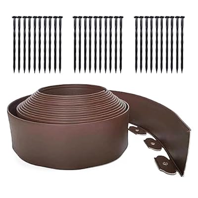 33FT No Dig Landscape Edging, 4 in Tall Flexible Garden Edging Borders,Lawn Edging with 30 Spikes,Plastic Edging Border for Garden, Flower Beds, Pavement-Brown