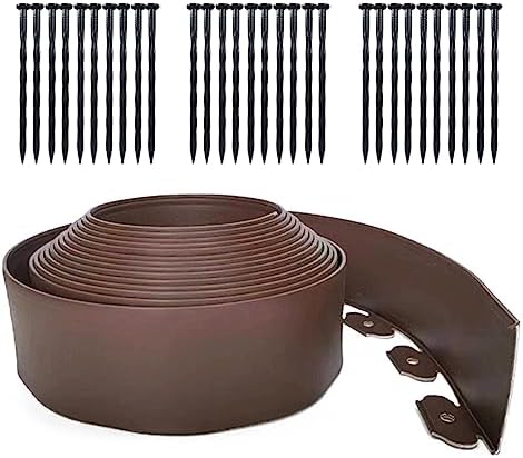 33FT Landscape Edging, 4 in Tall Garden Edging Borders,Flexible Lawn Edging with 30 Spikes,Plastic Edging Border for Garden, Flower Beds, Pavement-Brown