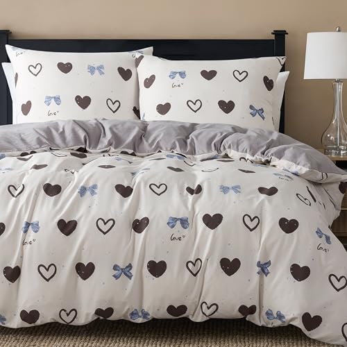 R.SHARE Bettwäsche Set 2teilig 1 Bettbezug 135 x 200 mit 1 Kissenbezüge 80x80 cm Kuschel Bettwäsche Schleifen Muster mit Reißverschluss ÖKO-TEX Bedding Herz Schleife
