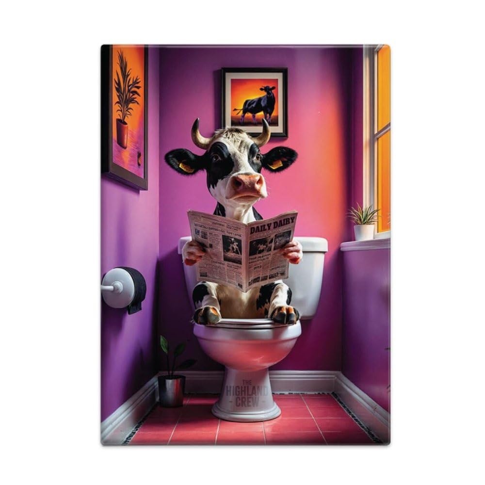 The Original Metal Sign Dairy Cow On Toilet - Purple Fridge Magnet (65 X 90 Mm) - The Highland Crew (Dairy Cow On Toilet - Purple)