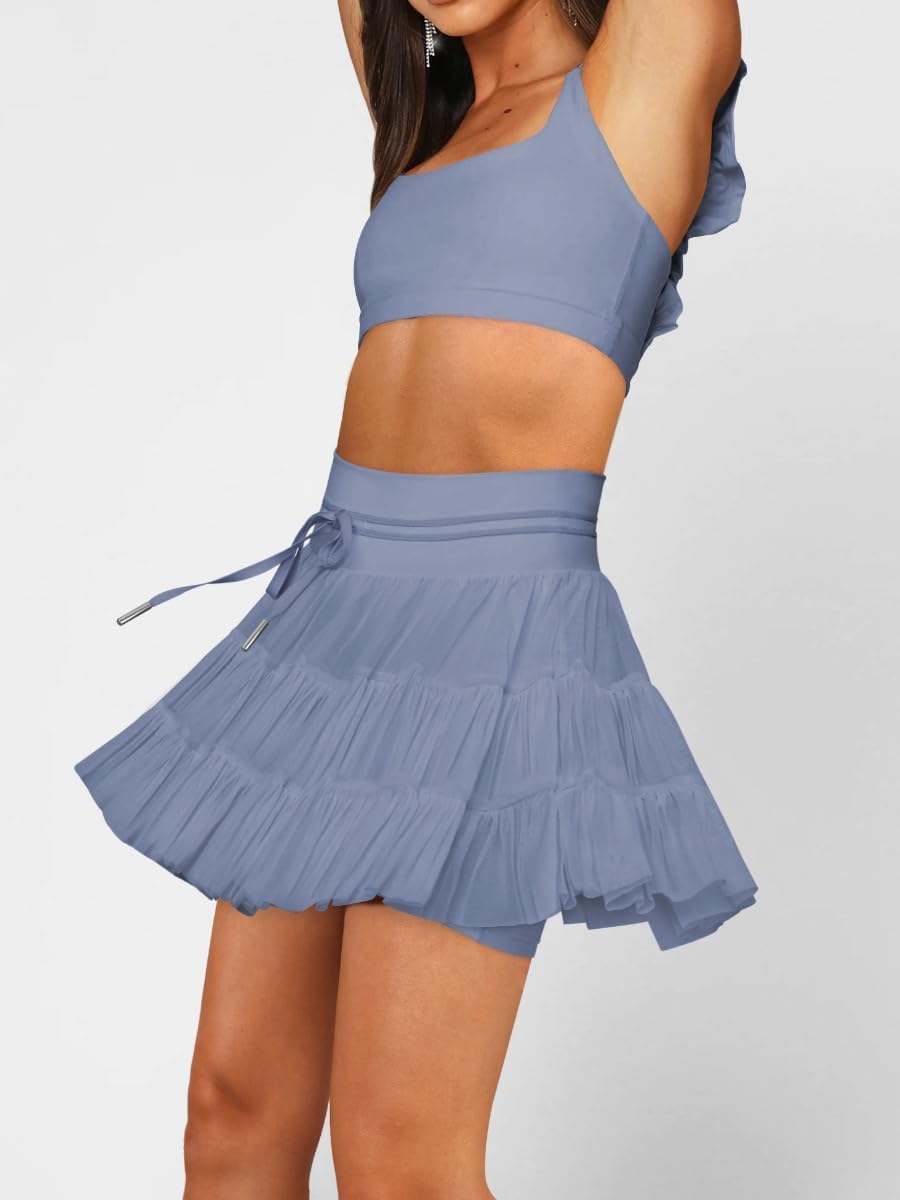 Womens Workout Skort High Waisted Pleated Tennis Golf Skating Skorts with Shorts Pockets Blue L