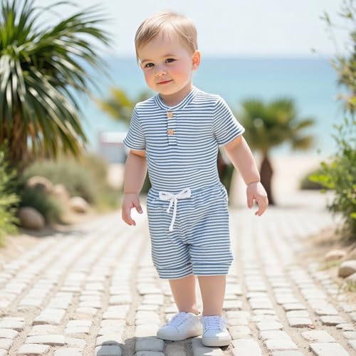 VISGOGO Baby Boy Shorts Set Newborn Infant Summer Outfit Striped Half Button-up Short Sleeve Bodysuit Elastic Waist Shorts3