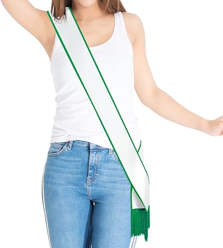 Miniatura 8 de Faja lisa con borlas, banda de satén en blanco para adultos, 3.9 pulgadas de ancho x 74.8 pulgadas de largo total