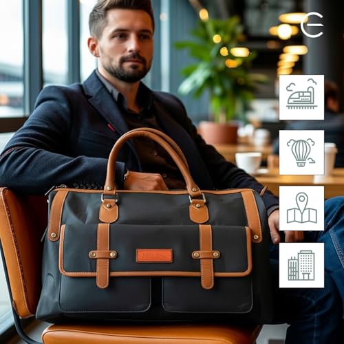 Image of Black & Brown PU Leather Duffle Bag | 37L Large Travel Duffel | Zipper Closure | Hand Carry & Sling Bag | Weekend Gym Travel Bag for Men & Women