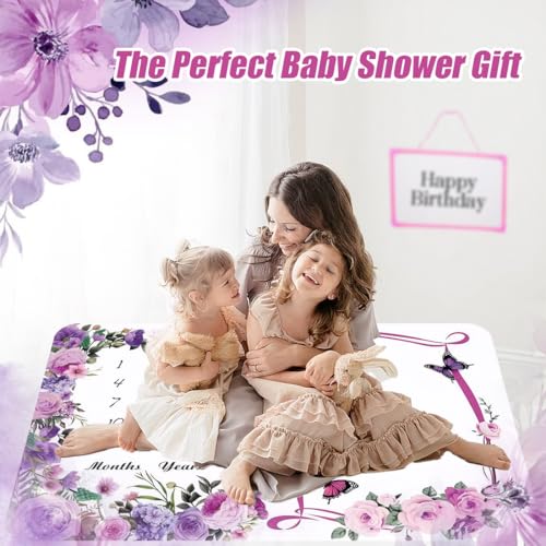 Image of Milestone Blanket for Baby Girl (Purple 60x40 Inches), with Photo Aid Frame, Saliva Towel, Erasable Writing Board, Hair Band, Documenting Growth。