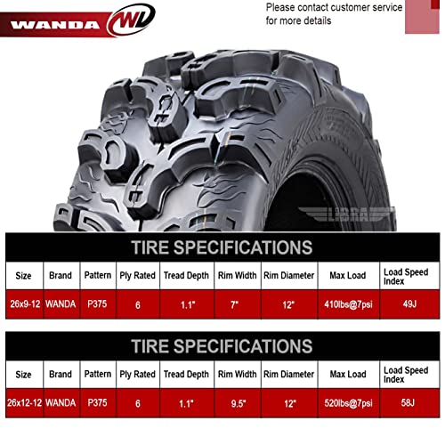 WANDA Set of 4 New Premium ATV/UTV Tires 26x9-12 Front & 26x12-12 Rear /6PR Super Lug Mud