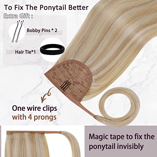 RUNATURE Ponytail Extension Human Hair Blonde Clip in Ponytail Hair Extensions Real Human Hair Highlight Platinum Blonde Straight 14 Inch 70g #18/613 - Image 4