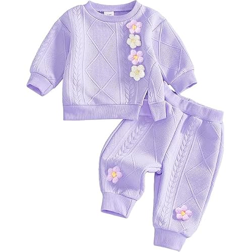 Image of QUNERY Toddler Baby Girl Outfits Long Sleeve Solid Floral Tops Sweatsuit Pants Clothes Newborn Girl Spring Clothing Purple 2-3 years
