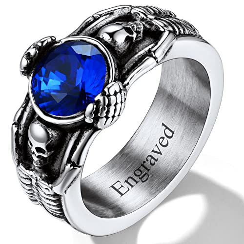 Custom4U Men's Gemstone Rings,Stainless Steel/Black/Gold Plated Blue Stone Square Signet Rings/Skull Rings,Pinky Thumb Ring,Size 7-14,Gothic Punk Jewelry Customized(Gift Box) F-Gothic-Steel-