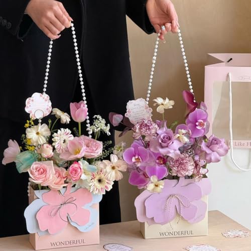 Image of 3D Floral Bag With Pearl String Handle - 10 Nos For Flowers & Gifts - Lavender Flower