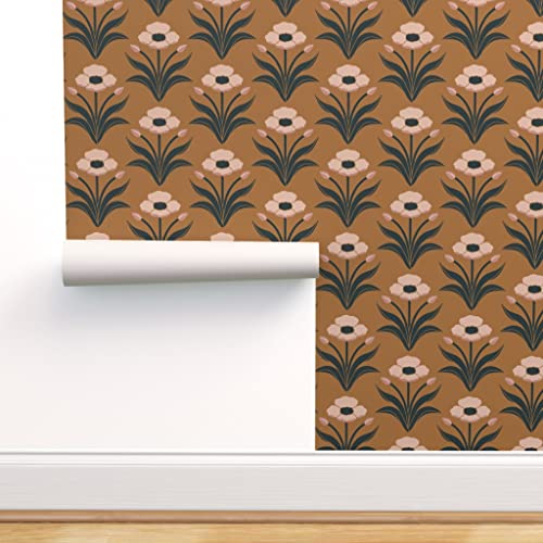 Peel & Stick Wallpaper Swatch - Poppies Gold Pink Gray Art Nouveau Poppy Custom Removable Wallpaper by Spoonflower