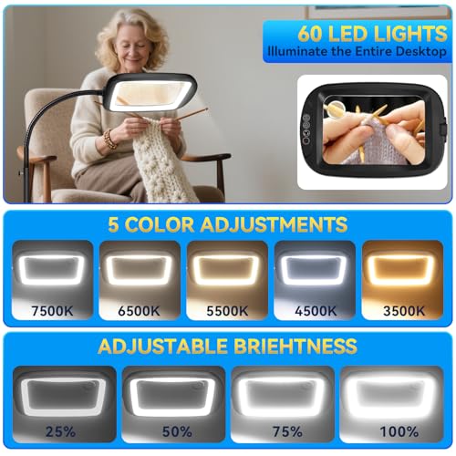 30X 10X Extra Large Floor Magnifying Glass with Light and Stand,60 LED Flexible Gooseneck Floor Magnifying Lamp with 5 Color Modes, 2-in-1 Lighted Magnifiers for Close Work, Sewing,Crafts, Painting