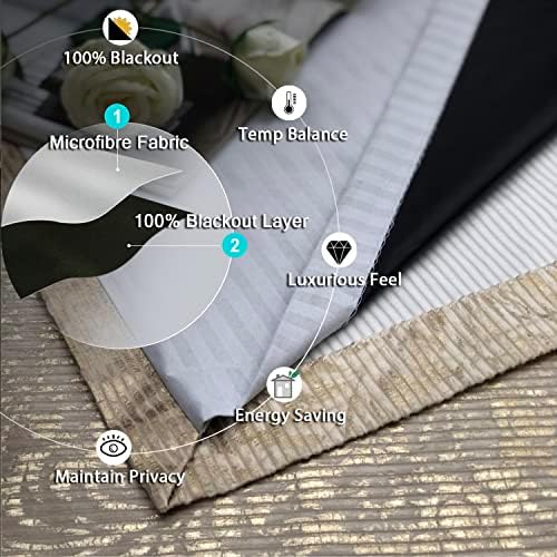 always4u 100% Blackout Curtains for Bedroom Thermal Insulated Floral Gold Foil Print Eyelet Curtains for Living Room Lined Drapes 1 Pair Beige 46 * 54 Inches