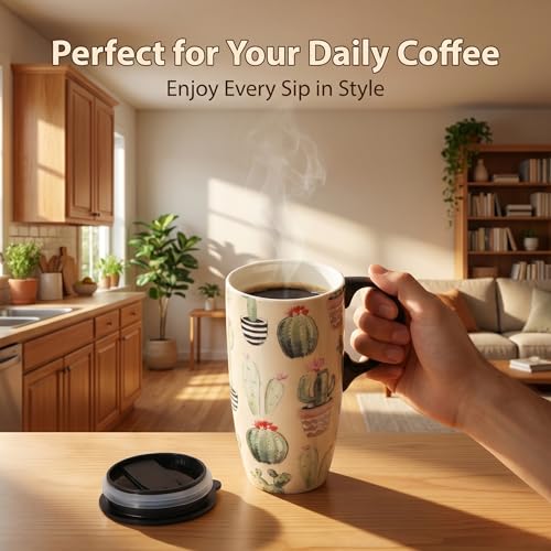 Topadorn Ceramic Mugs Porcelain Latte Tea Cup Coffee Mug with Lid and Handle Coffee Cup, Microwave & Dishwasher Safe, 17oz Unique Coffee Mug for Latte & Hot Chocolate, Cactus by Topadorn - Image 3