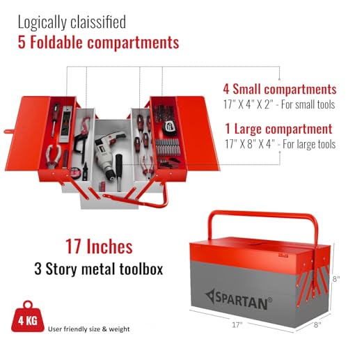 Image of Spartan 17 Inch Portable Metal Tool Box with 5 Fold-Out Trays, Secure Locking System & Easy-Grip Round Handle | Heavy-Duty Rust-Resistant Storage Organizer for DIY, Home Repair, Garage & Jobsite Use