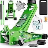 TRESKO Cric hydraulique 3 t - Hauteur de levage 75 à 510 mm - Cric hydraulique plat double piston et roulettes à 360° avec 2 patins en caoutchouc - Tapis de protection - Gants (vert, 3 tonnes)