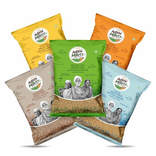 Image of Adithi Millets Unpolished Combo Pack of 5x500g, organic chemical free, High Fibre and Plant Protein | Browntop , Kodo(Varagu /Kodra) Little, Barnyard, Foxtail, Export quality Ideal for Fasting, Rice Replacement | Gluten - Free | Non - GMO | Each pack 500g gross wt 2.5kg Sourced from South India