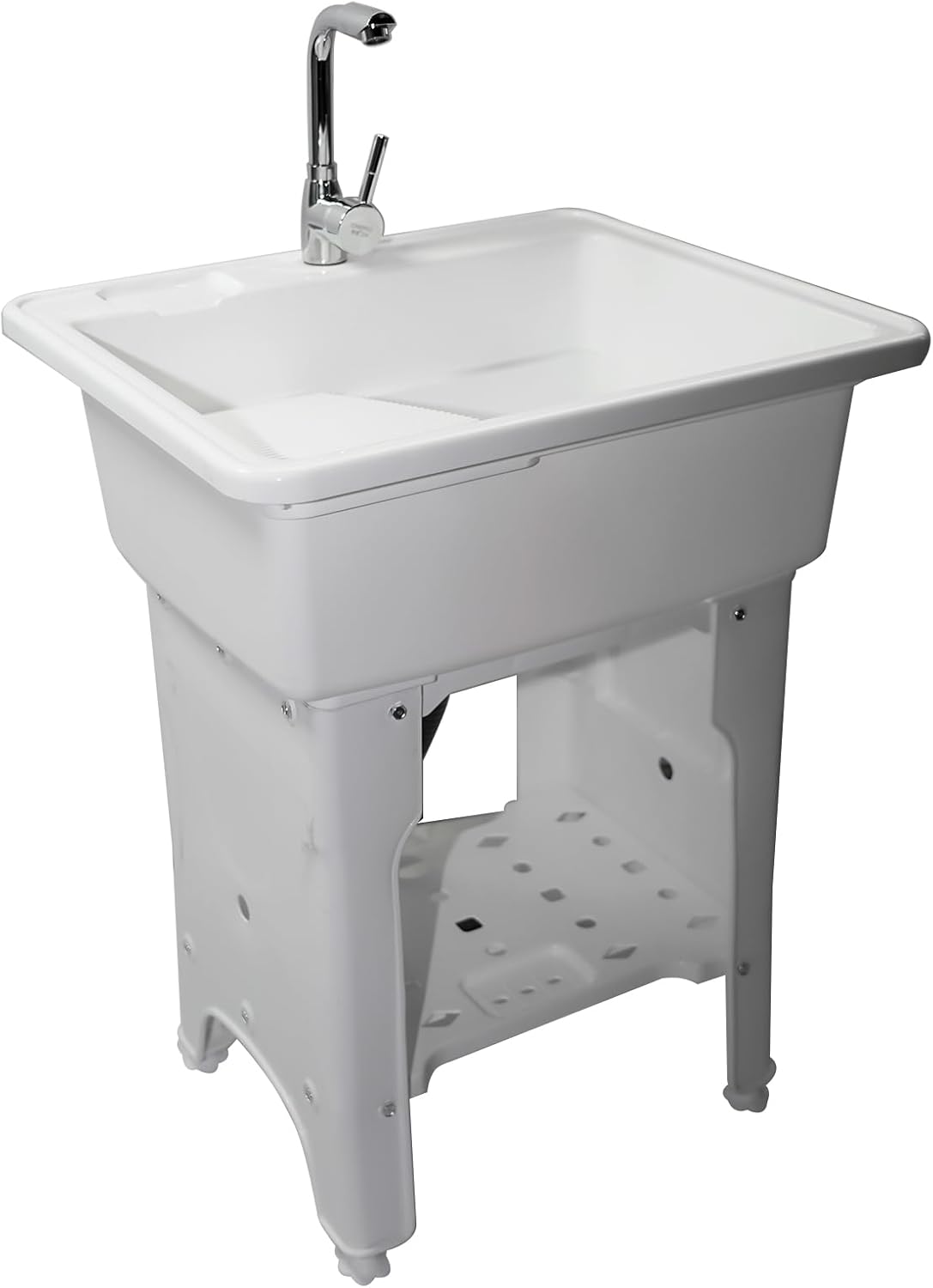 JHshop White Utility Sink Laundry with Faucet, Free Standing Wash Station Sink with Washboard,Utility Sink for Kitchens, Bathrooms, Garage, Laundry Room Hoses Drain Kit 25.6" L x 21.65" W x 31.5" H