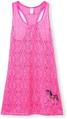 Girls Swimsuits Cover-ups Kids Crossback Beach Crochet Mesh Dress Swim Cover Up for Girls (12, fenhongtihuabu)