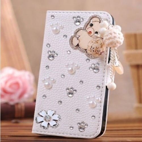 White Luxury 3D Fashion Handmade Bling Diamond PU Flip Leather Case Cover For Smart Mobile Phones 2 (Samsung Galaxy Grand 2 G7102 G7106, Bear)