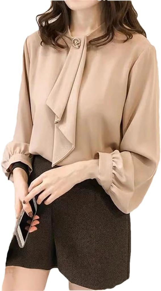 Solid Office Ladies Chiffon Blouses Long Sleeve O Neck Bow Tie Top Elegant Workwear