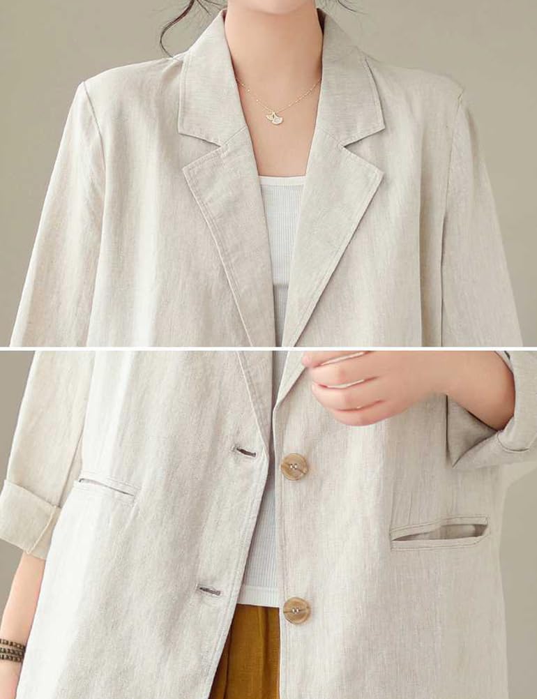 IDEALSANXUN Blazer da donna in cotone e lino, a maniche lunghe, leggero, da lavoro, casual, per la primavera e l'estate