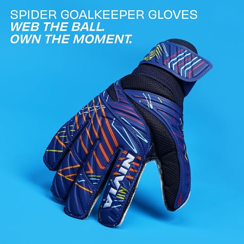 Image of Nivia Spider Goalkeeper Gloves for Men & Women, Hyper Grip Latex Palm, Embossed Cushioned PVC Backhand, Positive Cut, Airculated Sweat Management Design, Blue (Large)
