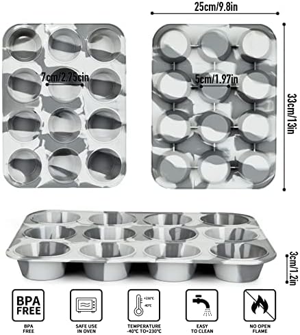 SUPER KITCHEN Large Muffin Tray 12 Cup Silicone Muffin Pan, Non-Stick Muffin Cupcake Tin, Baking Case, Baking Mould for Muffins, Cupcakes, Pudding, Donut, Bagel, Bakeware 33 x 25 x 3 cm (Mixed Grey)