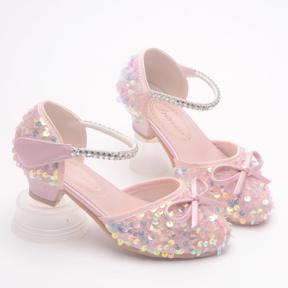 Girls Glitter Low Heels Dress Pump Flower Girl Sequin Mary Jane Wedding Party Princess Bow Dress Shoes for Toddler Little Kid Big Kid