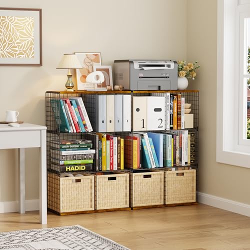 Wire Cube Closet Organizer and Storage Shelf with Extra Woodtop, 11.8β Sturdy 6 Cube Storage Organizer Shelf, Modular Cubby Storage Basket Shelves for Clothes, Bins, Bookshelf, Closet, Bedroom, Office