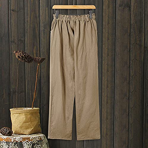 Gxlong Women Linen Capri Pants Button Cropped Pants Summer High Elastic Waist Capris Comfy Casual Work Trousers With Pockets(Khaki,Large) #TOP3