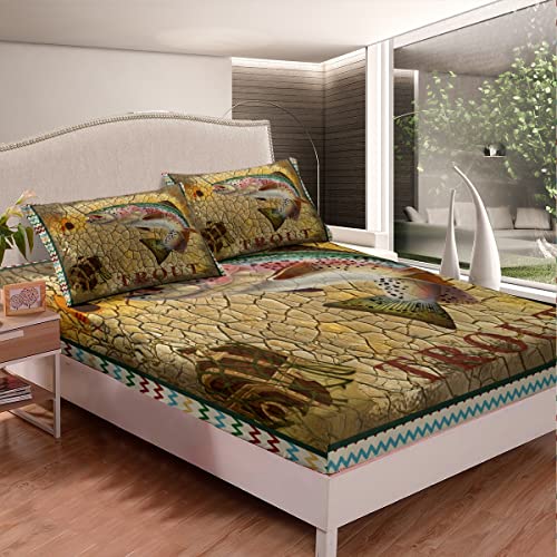 Kids Fish Bed Sheet Set Rustic Trout Fishing Sheets Set For Women Men Farmhouse Decor Bedding Set Vintage Bed Set With Deep Pocket Fitted Sheet Bedroom 3Pcs Full Size #TOP2