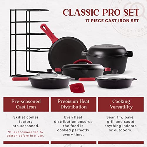 Image of Cuisinel Cast Iron 17-Piece Preseasoned Cookware Set - 8 inch+10 inch Skillets + Lids + 5-Quart Dutch Oven + 12 inch Braiser with Cast Iron Lid + Round Griddle + 15 inch Organizer Rack + Pan Scraper + Silicone Handle